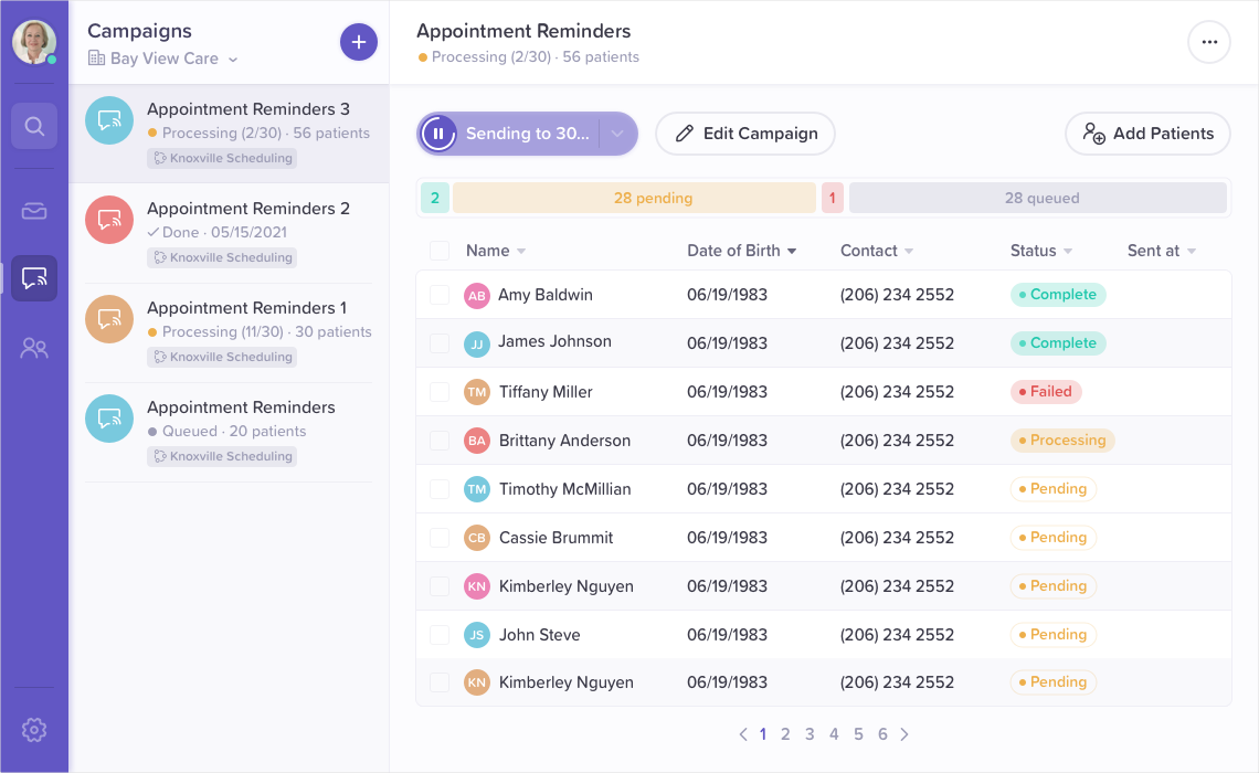 Screenshot of the BloomText broadcast messaging interface, showing a campaign being scheduled in batches