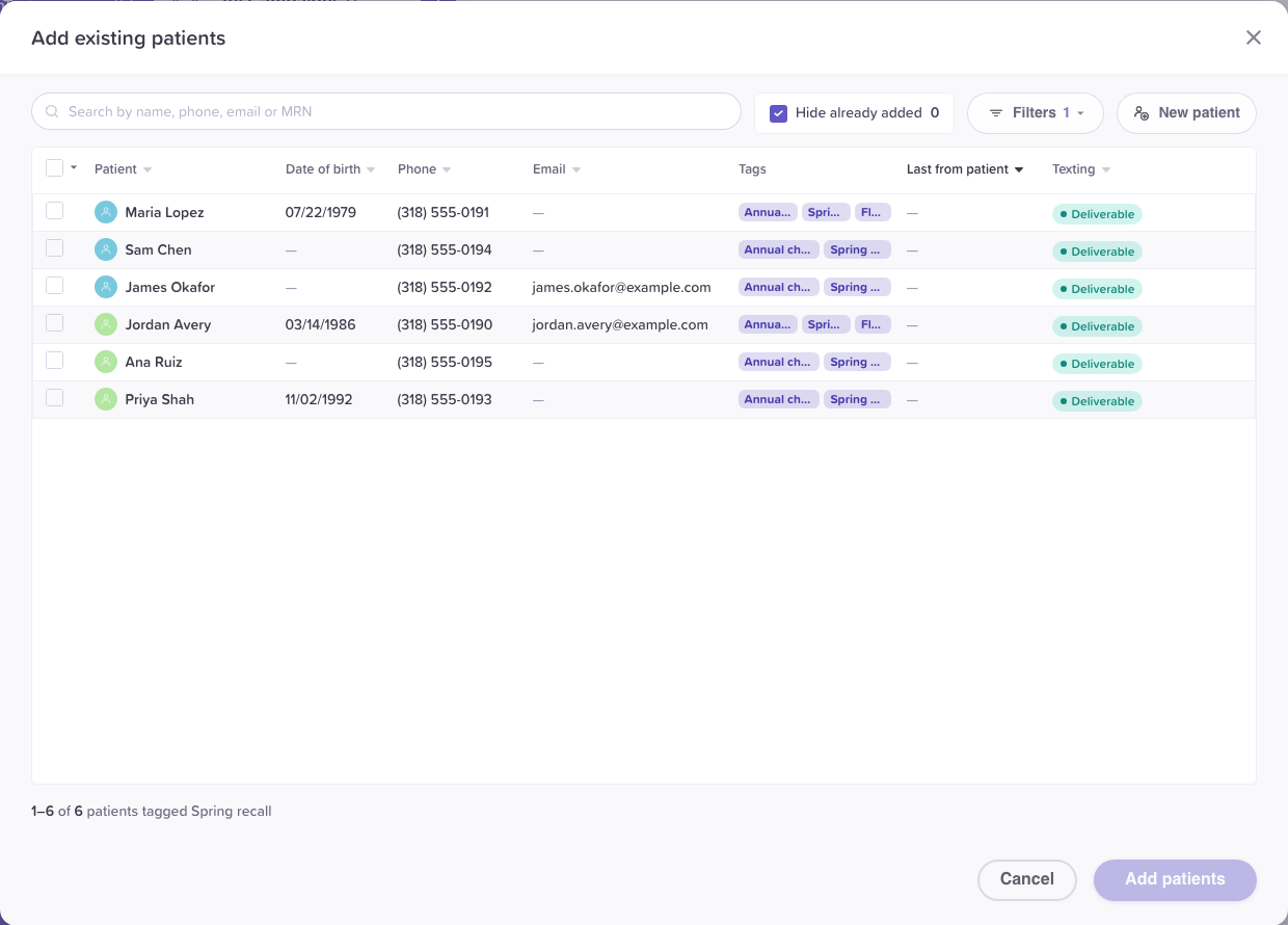 Add existing patients: the search, Hide already added, Filters 1 for the Spring recall tag, New patient, and the matching patients with their tags.