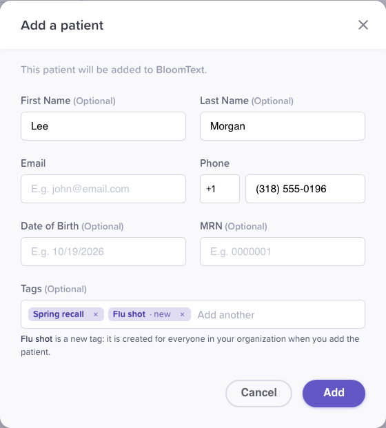 Add a patient: name, email, phone, date of birth and MRN, and the Tags field with Spring recall and the new tag Flu shot, with the sentence that Flu shot is created when you add the patient.