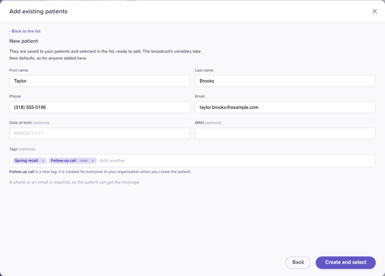 The New patient form inside Add existing patients: name, phone, email, optional date of birth and MRN, and Tags, with Back and Create and select.