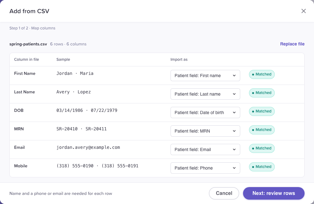 Step 1 of 2 · Map columns: the file's columns, a sample of each, Import as set to patient fields, and the Matched and Skipped statuses.