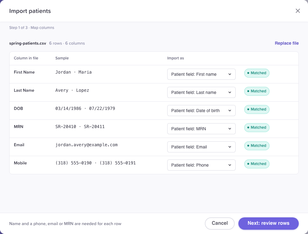 Step 1 of 3 · Map columns: First Name, Last Name, Mobile, Email, DOB and MRN mapped to patient fields and showing Matched; Insurance set to Don't import and Skipped.