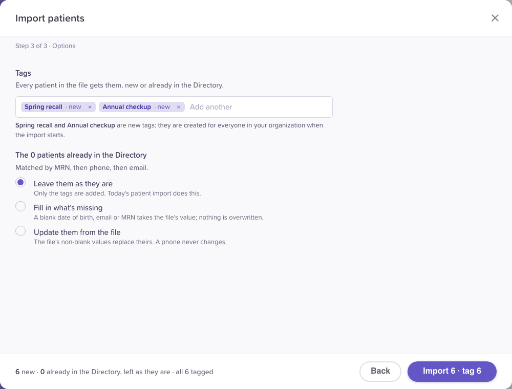 Step 3 of 3 · Options: the Tags field with Waitlist and a new Spring recall tag, and the three choices for the patients already in the Directory, Leave them as they are selected.