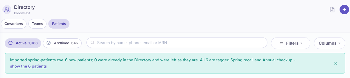 The result line above the patient table: counts, the tags, the download link and show the patients.