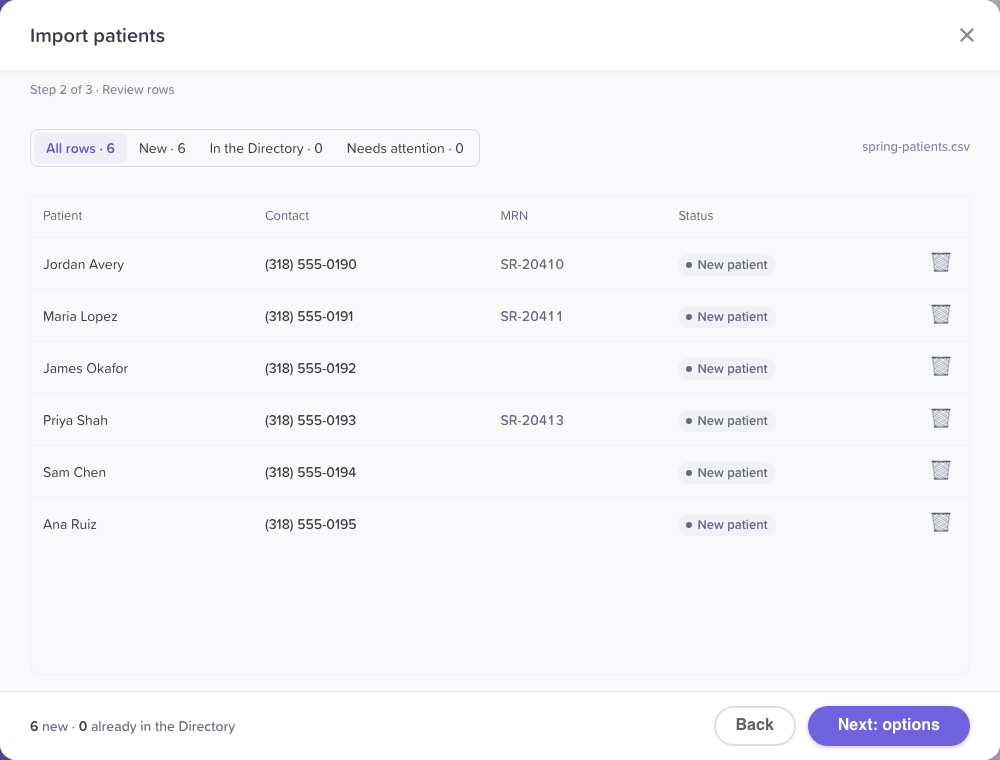 Step 2 of 3 · Review rows: All rows, New, In the Directory and Needs attention with counts; rows marked New patient or In the Directory with "same phone"; the footer counts new, already in the Directory and can't be imported.