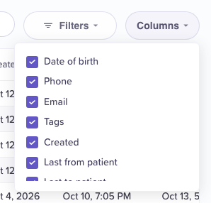 The Columns menu: a checkbox for each column, all ticked.