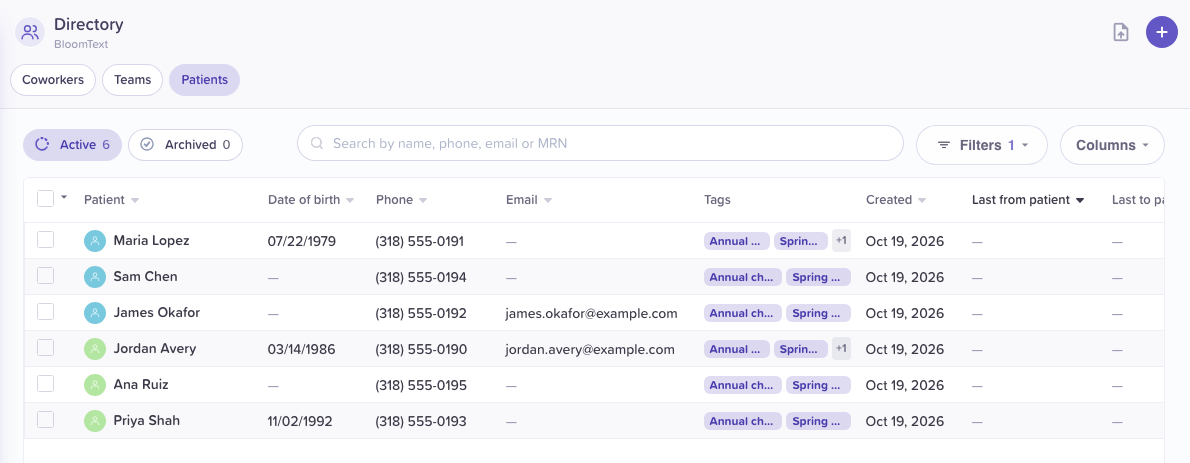 The Patients tab: the Directory header with the import icon and +, the Coworkers, Teams and Patients chips, Active and Archived with their counts, the search, Filters 1 and Columns, and six patients with their tags.