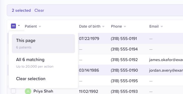 The header checkbox's menu: This page, All 6 matching (Up to 20,000 per action) and Clear selection.