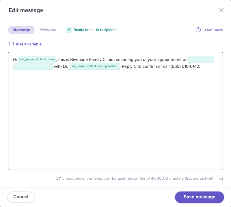 The Edit message dialog: Message and Preview, "Ready for all 14 recipients", Insert variable, the reminder with each variable showing its fallback, the character count, and Cancel and Save message.