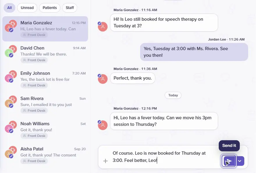 Replying to a patient in the redesigned inbox with the paper-plane button, and their inbox row moving to the top